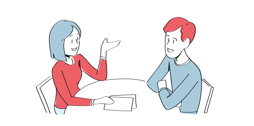 Illustrasjon som viser en kvinne og en mann som sitter og snskker sammen ved et bord.